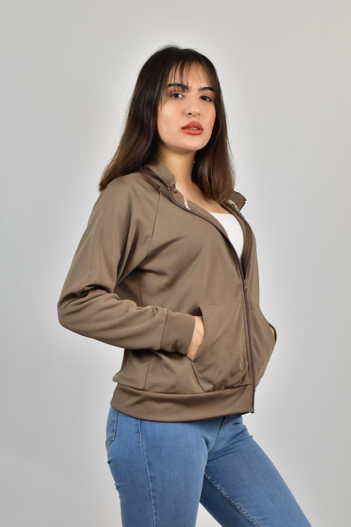 AKAT DİK YAKA FERMUARLI SWEATSHİRT KAHVERENGİ