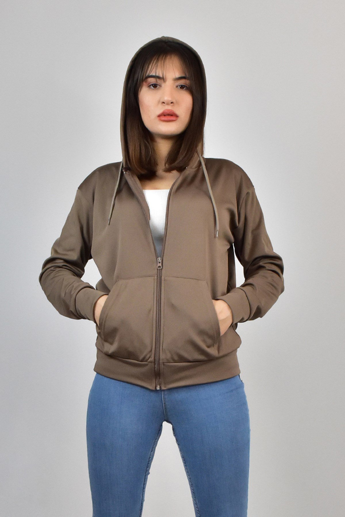 AKAT KAPŞONLU FERMUARLI SWEATSHİRT KAHVERENGİ