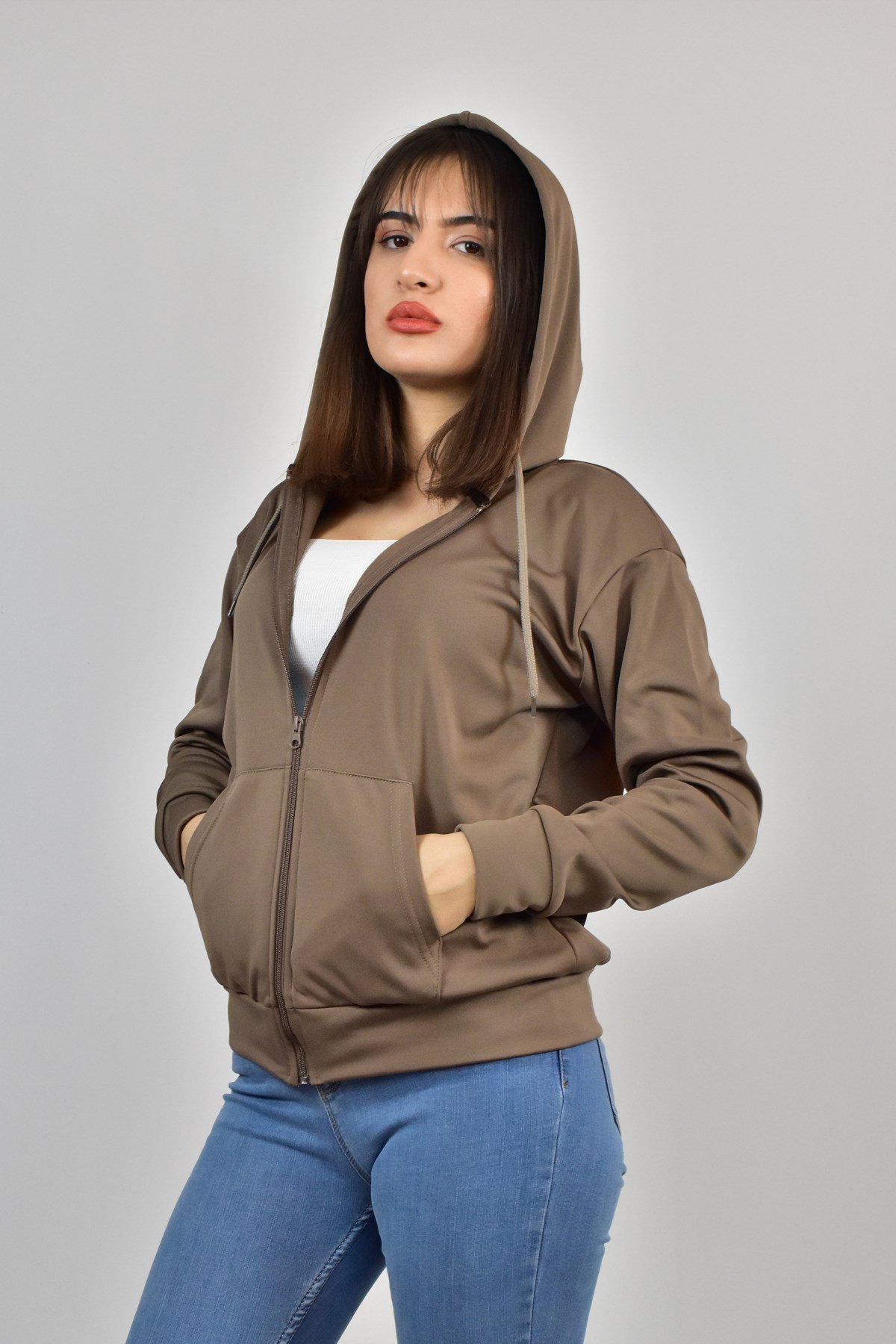 AKAT KAPŞONLU FERMUARLI SWEATSHİRT KAHVERENGİ