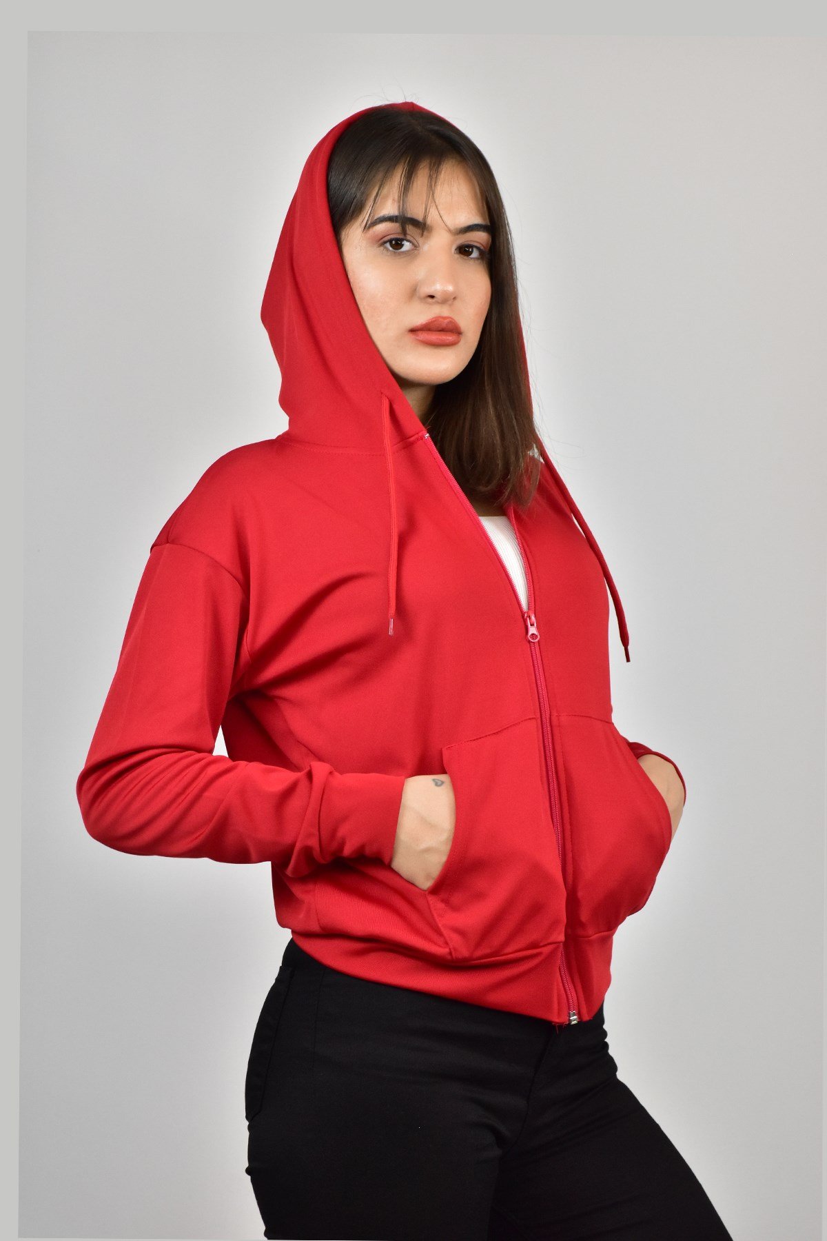 AKAT KAPŞONLU FERMUARLI SWEATSHİRT KIRMIZI