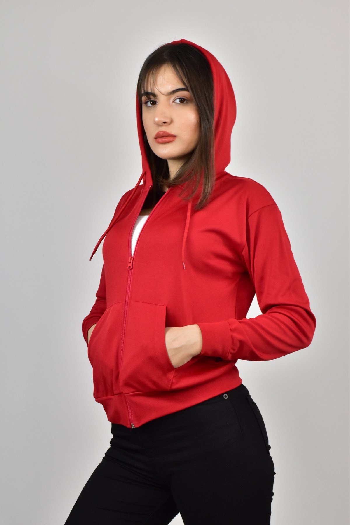 AKAT KAPŞONLU FERMUARLI SWEATSHİRT KIRMIZI