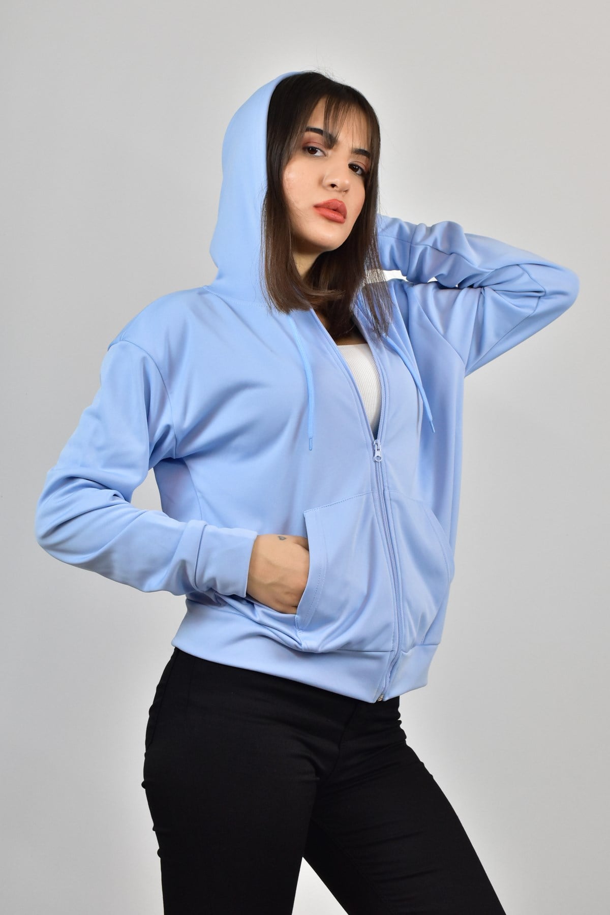 AKAT KAPŞONLU FERMUARLI SWEATSHİRT MAVİ