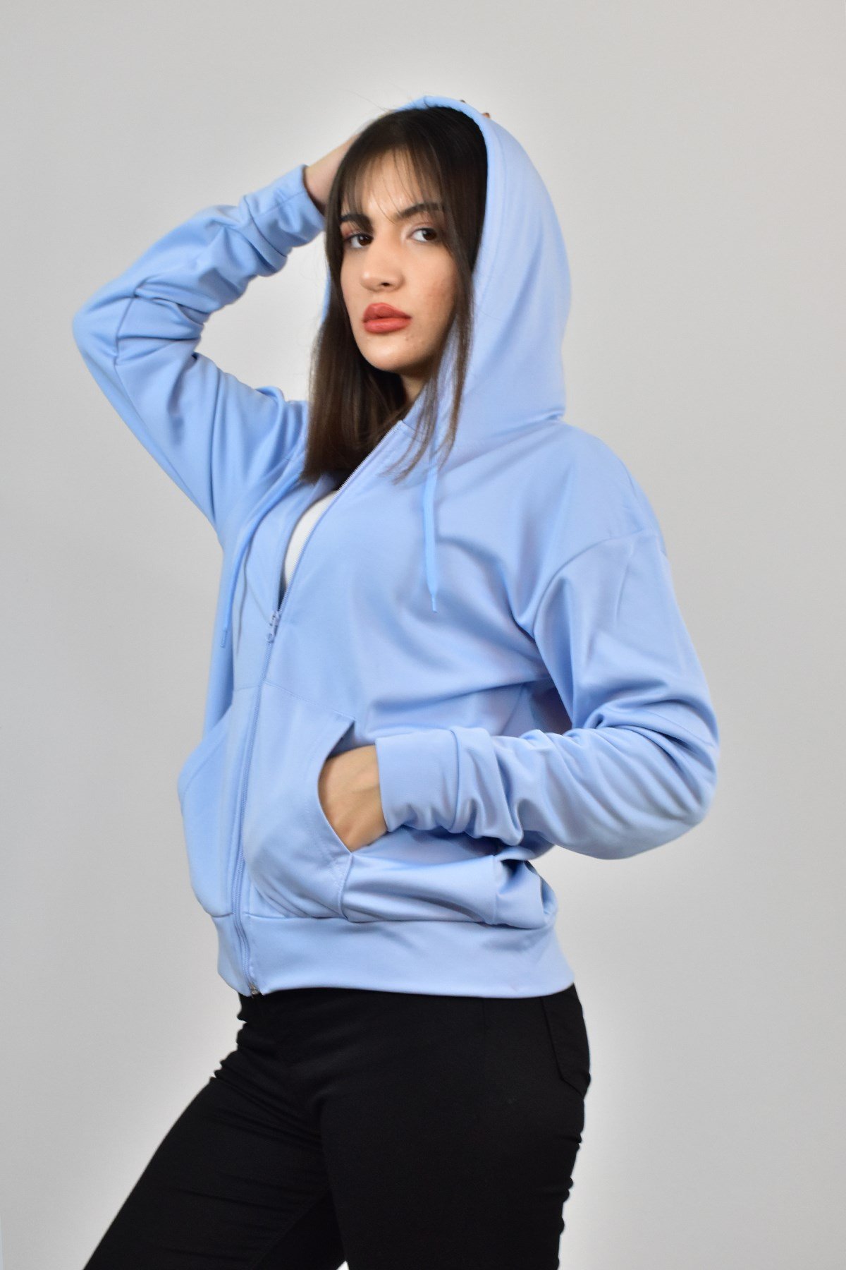 AKAT KAPŞONLU FERMUARLI SWEATSHİRT MAVİ