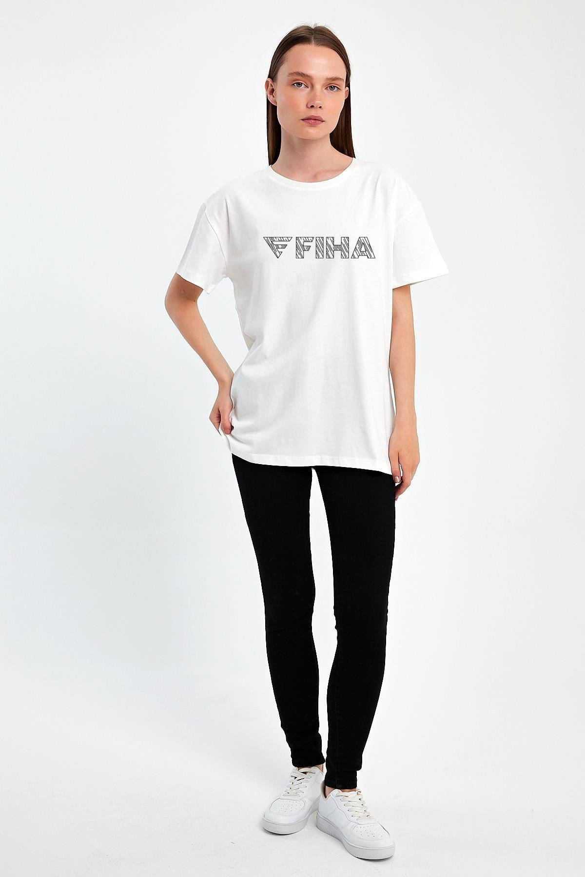 FİHA/2049-KADIN FİHA BASKILI OVERSIZE T-SHIRT - BEYAZ