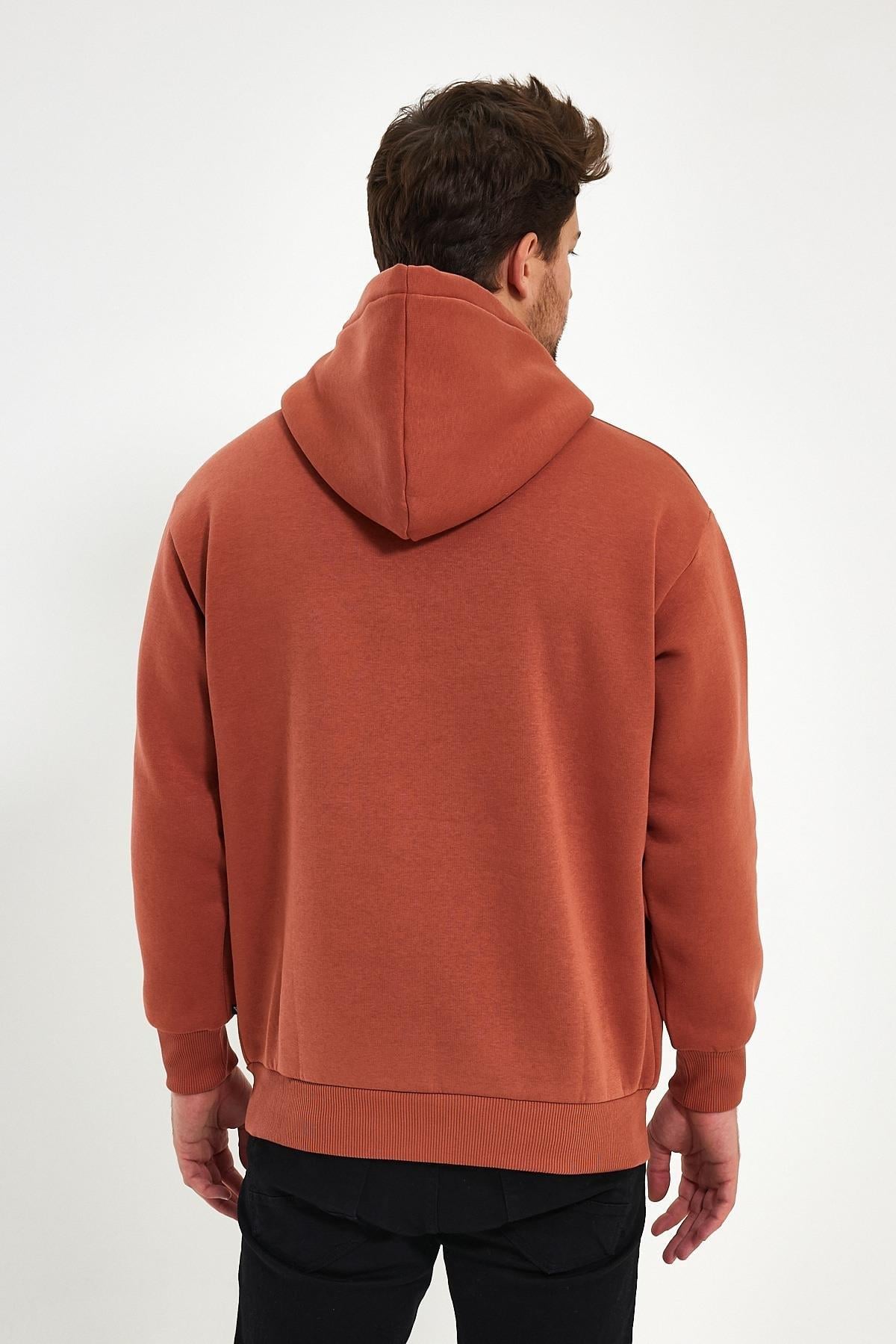 FİHA/2050-UNISEX BASKILI ŞARDONLU KAPŞONLU SWEAT - COPPER BROWN