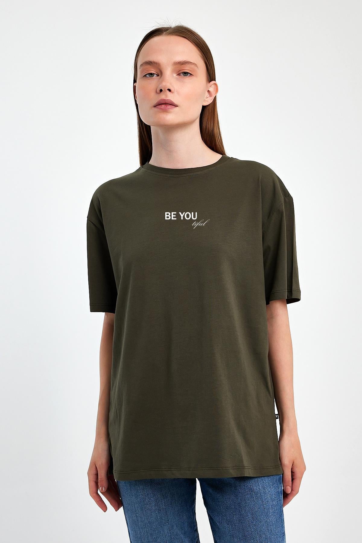 FİHA/2070-KADIN BASKILI OVERSIZE T-SHIRT - HAKİ