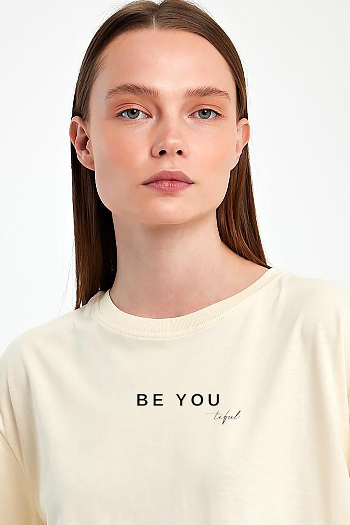 FİHA/2070-KADIN BASKILI OVERSIZE T-SHIRT - EKRU