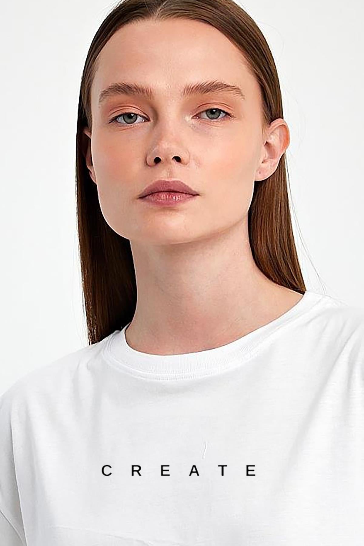 FİHA/2071-KADIN BASKILI OVERSIZE T-SHIRT - BEYAZ