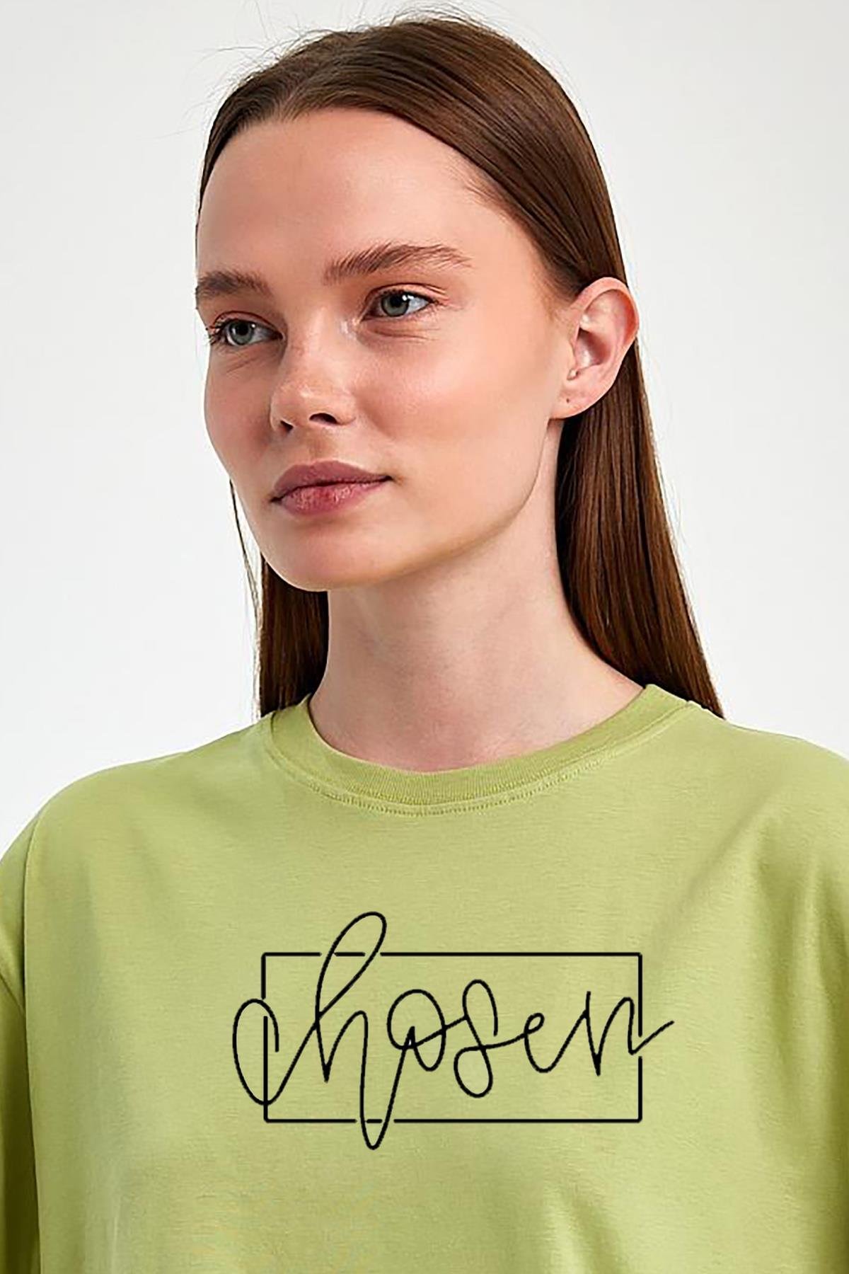 FİHA/2073-KADIN BASKILI OVERSIZE T-SHIRT - FISTIK YEŞİLİ