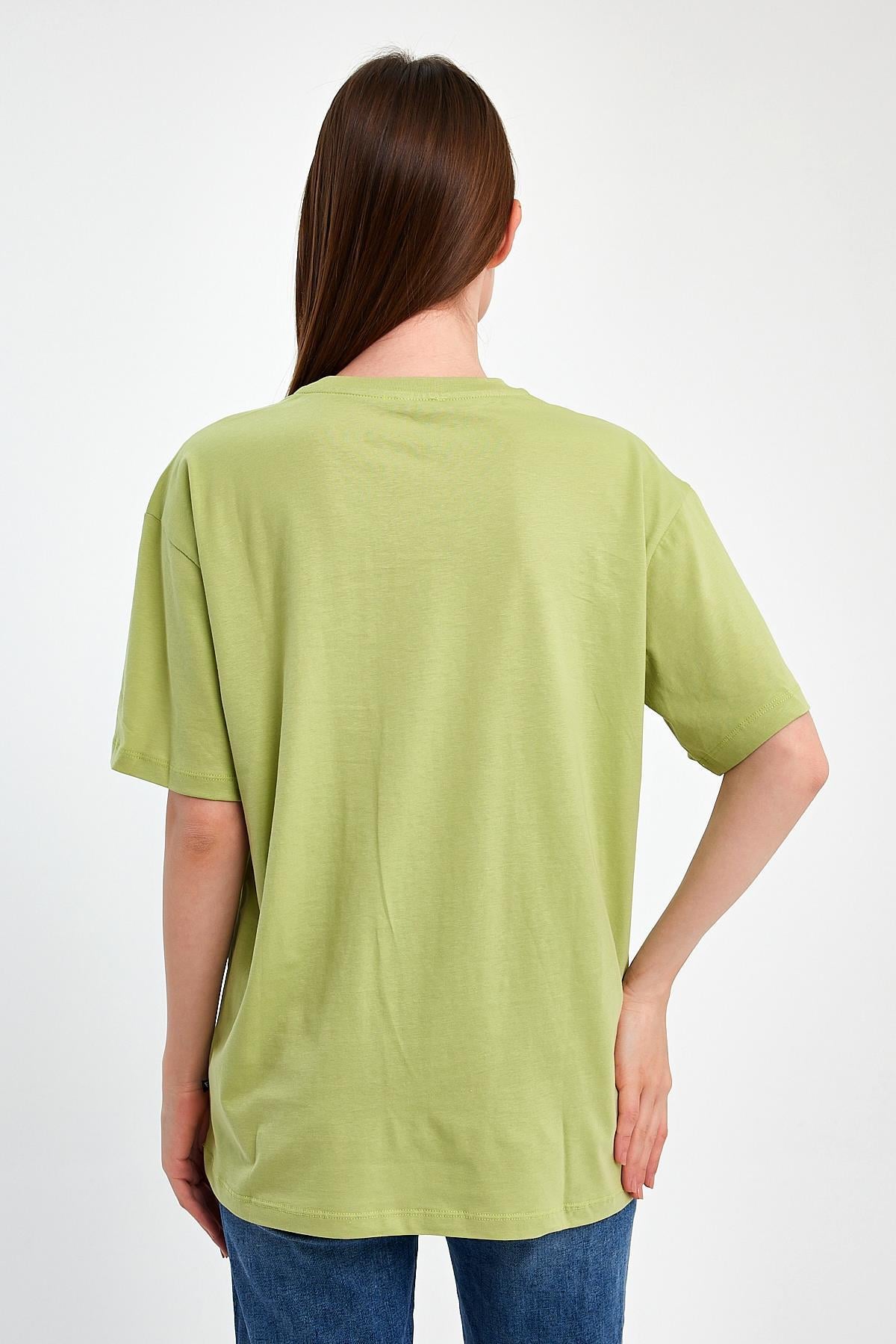 FİHA/2073-KADIN BASKILI OVERSIZE T-SHIRT - FISTIK YEŞİLİ
