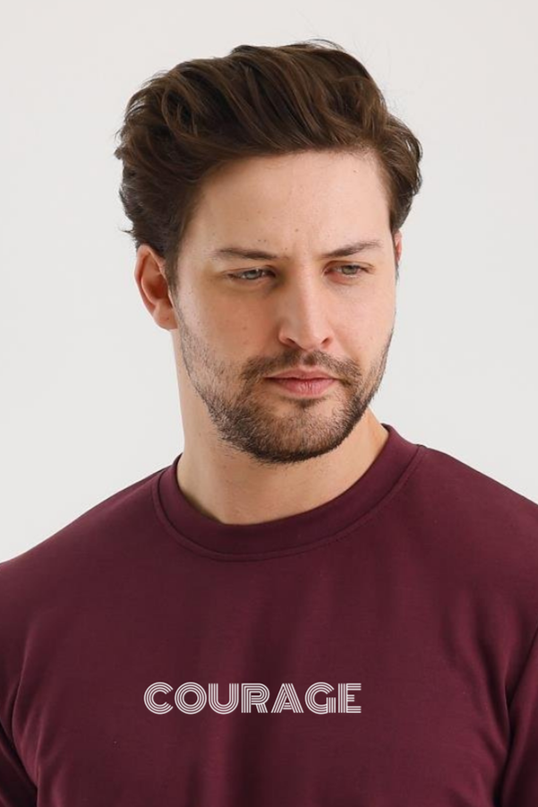FİHA/2077-UNISEX BASKILI SIFIR YAKA SWEAT - MAUVE WINE
