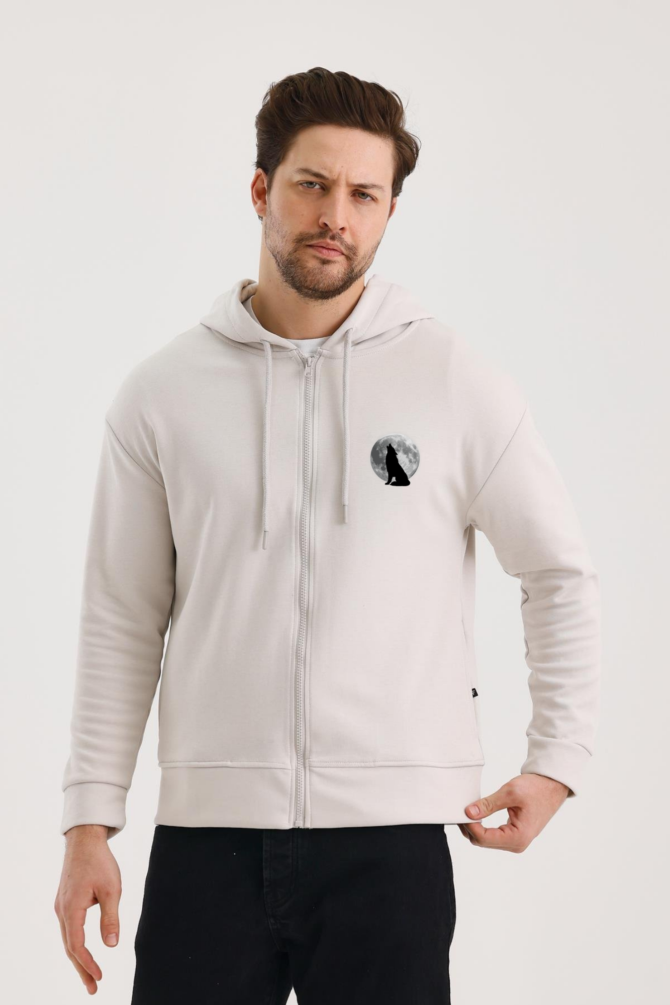 FİHA/2081 UNISEX ÖN ARKA BASKILI KAPŞONLU FERMUARLI SWEAT - TAŞ