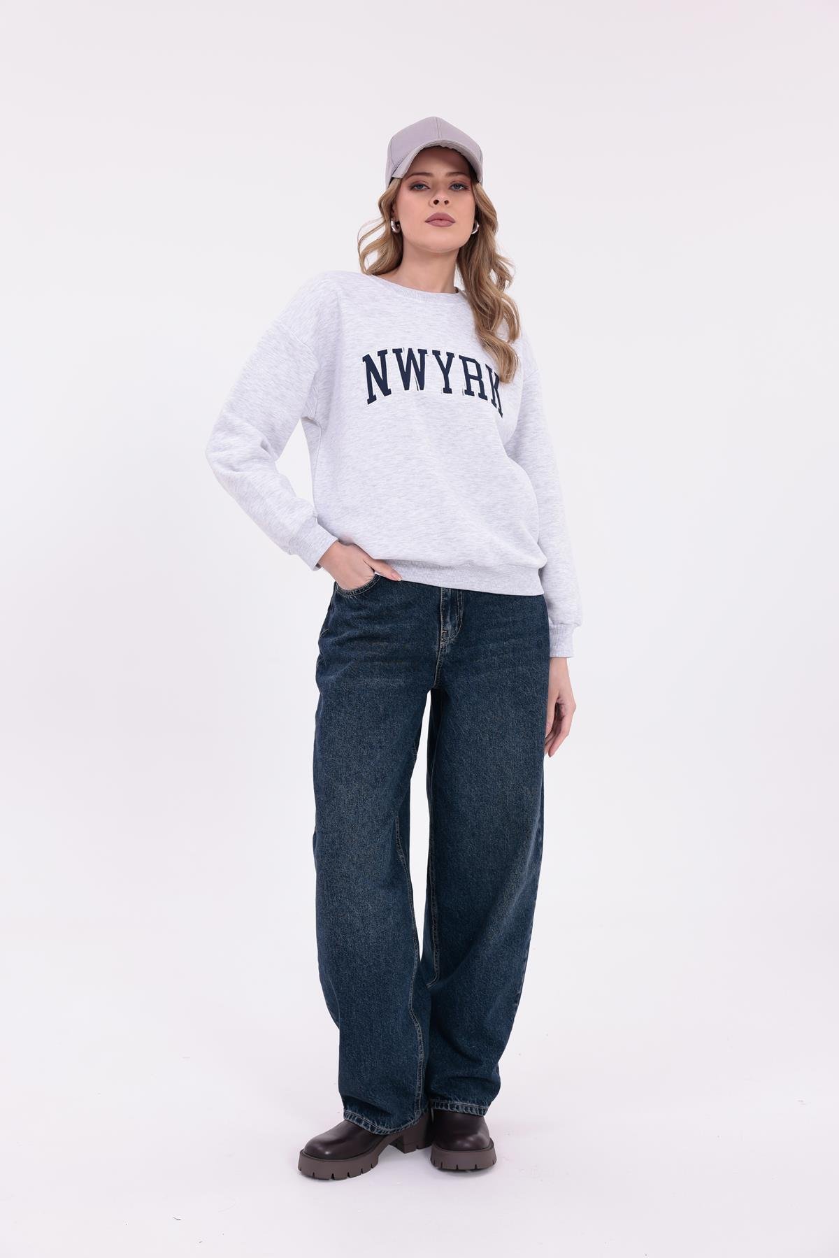 FİHA/2096-NWYRK NAKIŞLI OVERSIZE BİSİKLET YAKA SWEAT - KARMELANJ