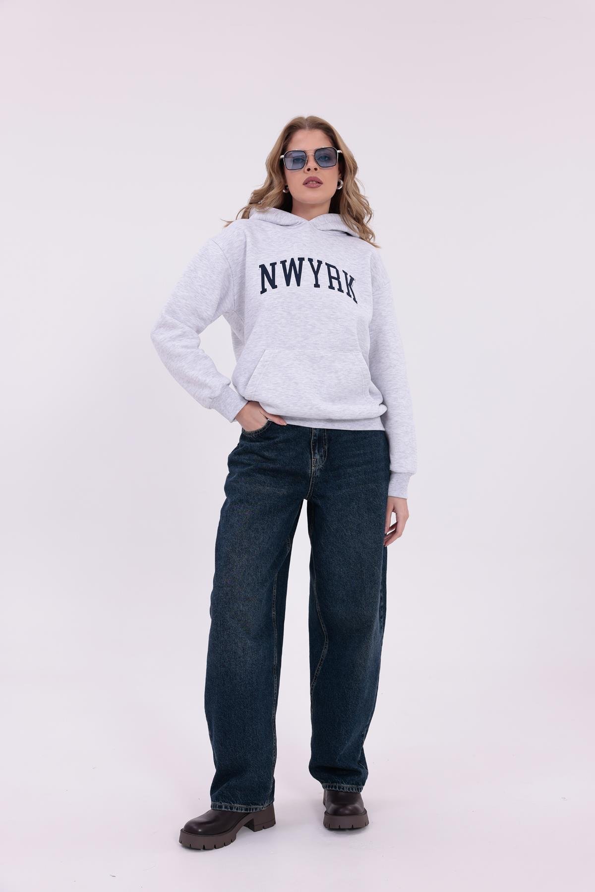 FİHA/2096-NWYRK NAKIŞLI OVERSIZE KAPSONLU SWEAT - KARMELANJ