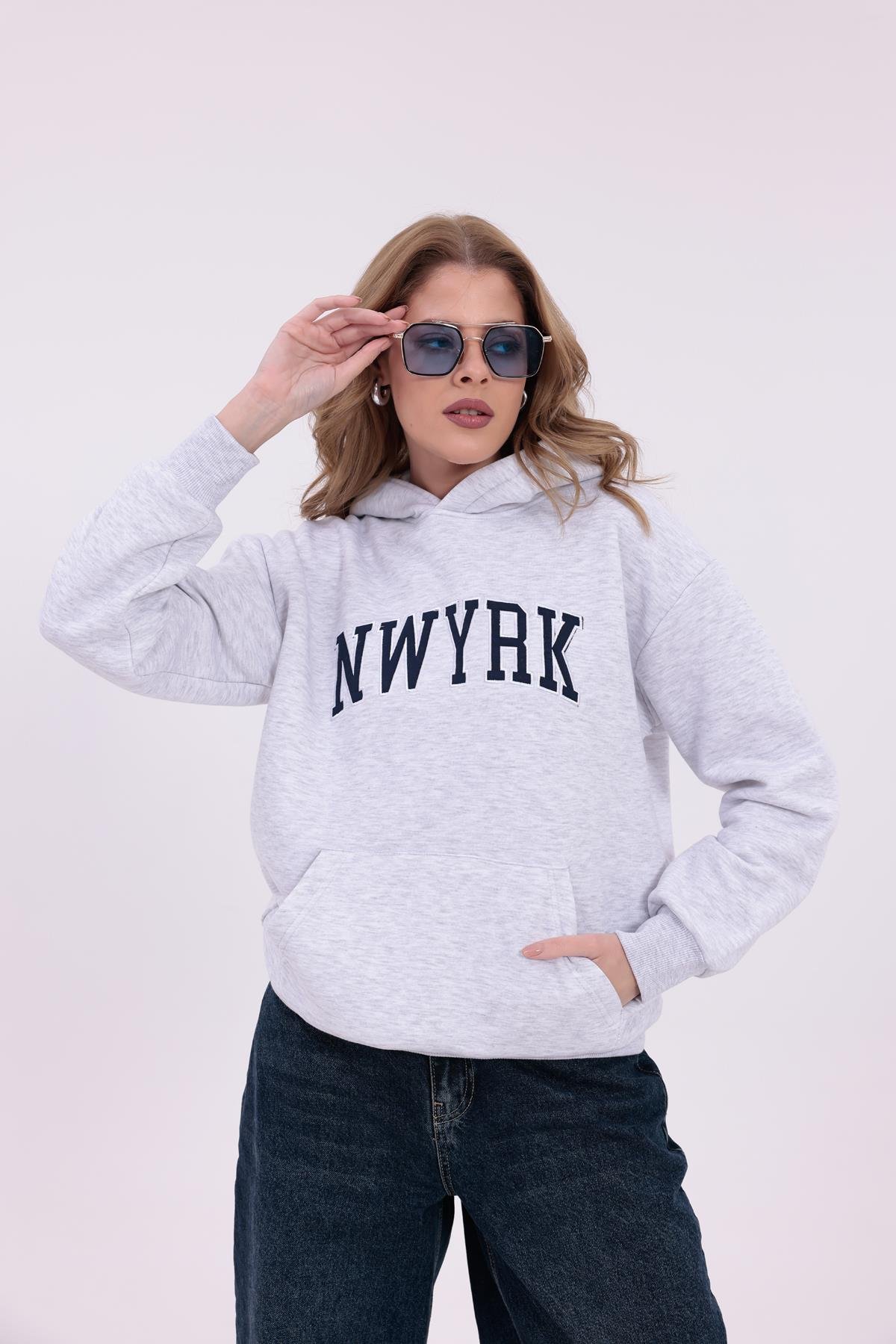 FİHA/2096-NWYRK NAKIŞLI OVERSIZE KAPSONLU SWEAT - KARMELANJ