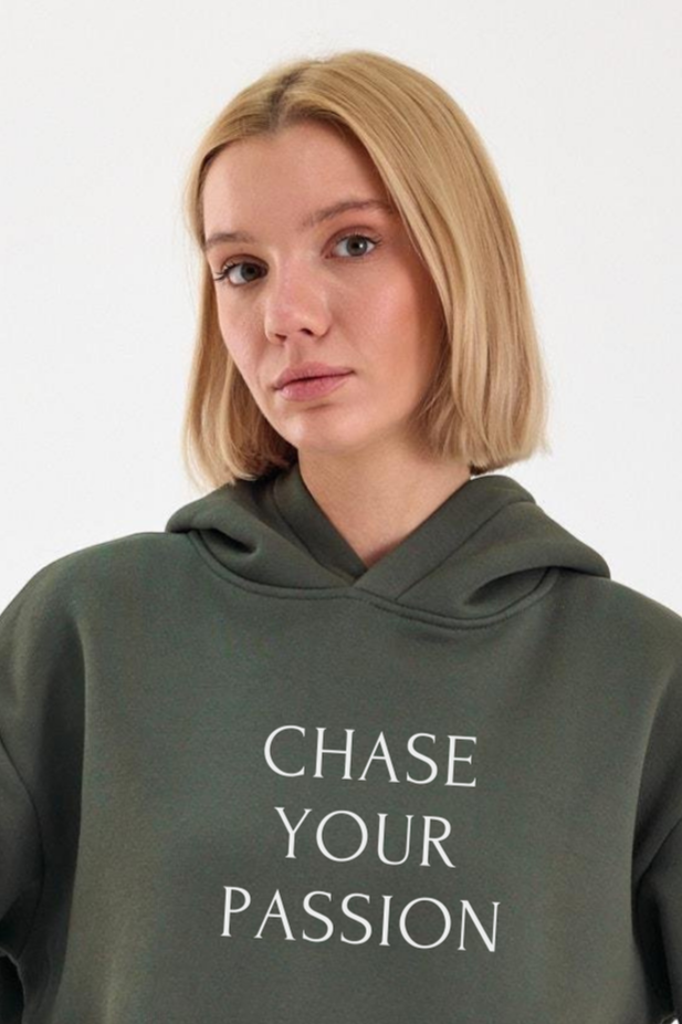 FİHA/2502-UNISEX BASKILI ŞARDONLU KAPŞONLU SWEAT - HAKİ