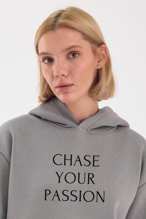 FİHA/2502-UNISEX BASKILI ŞARDONLU KAPŞONLU SWEAT - GRİ