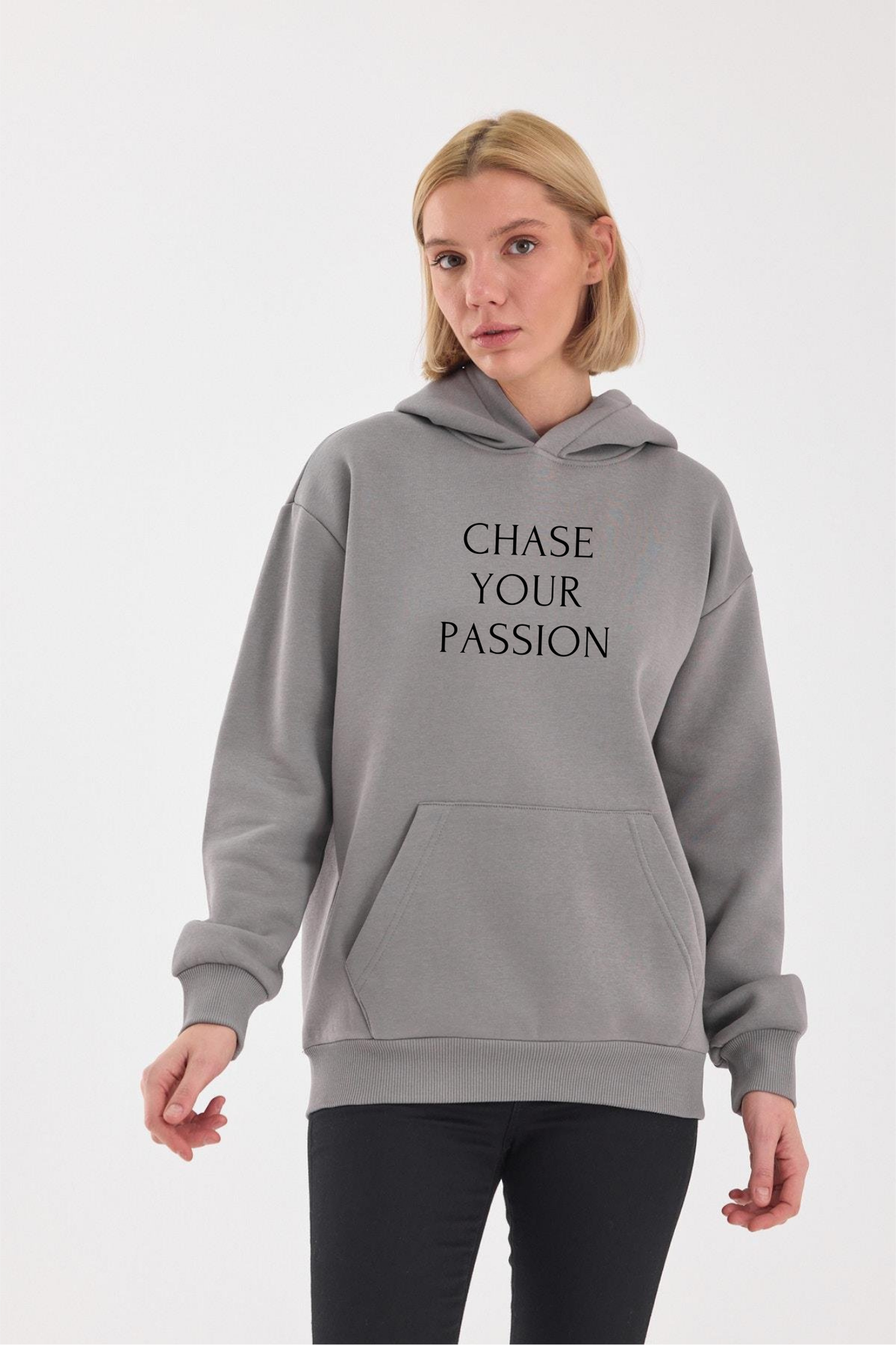 FİHA/2502-UNISEX BASKILI ŞARDONLU KAPŞONLU SWEAT - GRİ