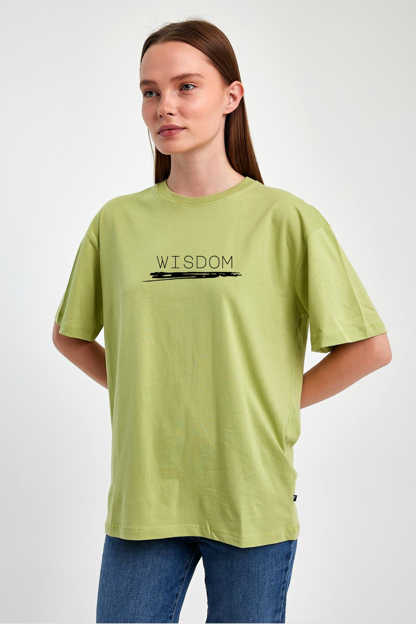 FİHA/2511-UNİSEX OVERSIZE BASKILI SIFIR YAKA TSHIRT - FISTIK YEŞİLİ