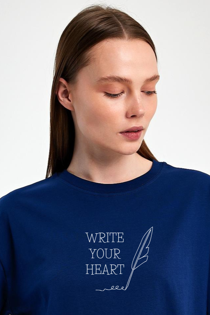 FİHA/2512-UNISEX OVERSIZE BASKILI SIFIR YAKA TSHIRT - LACİVERT