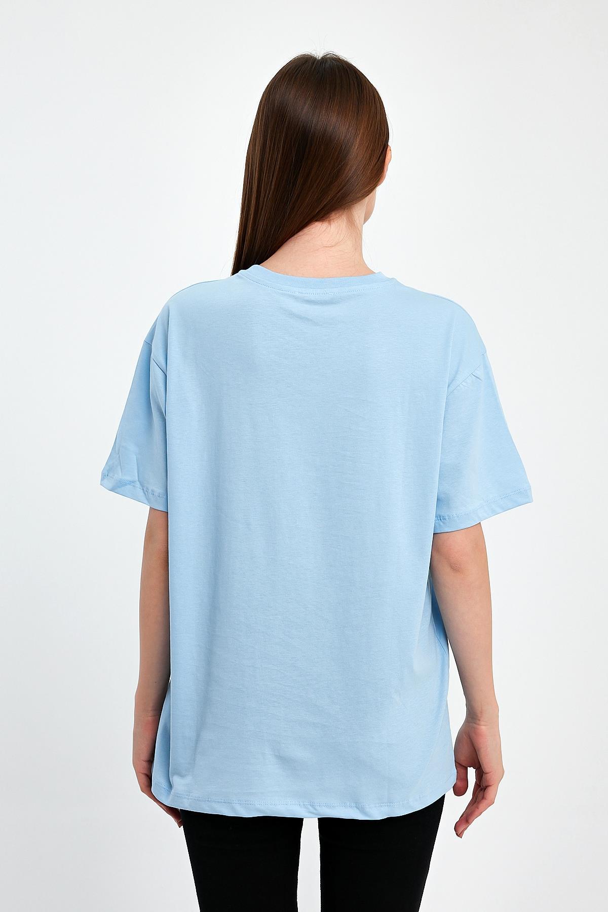 FİHA/2512-UNISEX OVERSIZE BASKILI SIFIR YAKA TSHIRT - AİRY BLUE