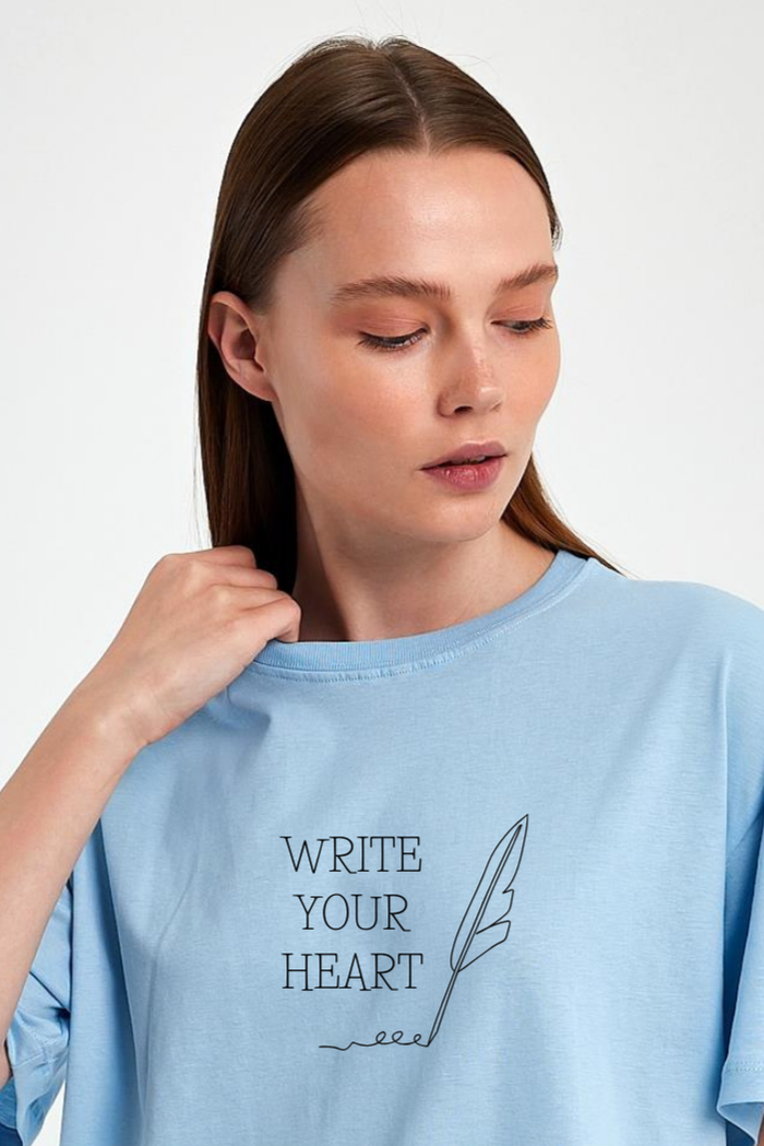 FİHA/2512-UNISEX OVERSIZE BASKILI SIFIR YAKA TSHIRT - AİRY BLUE