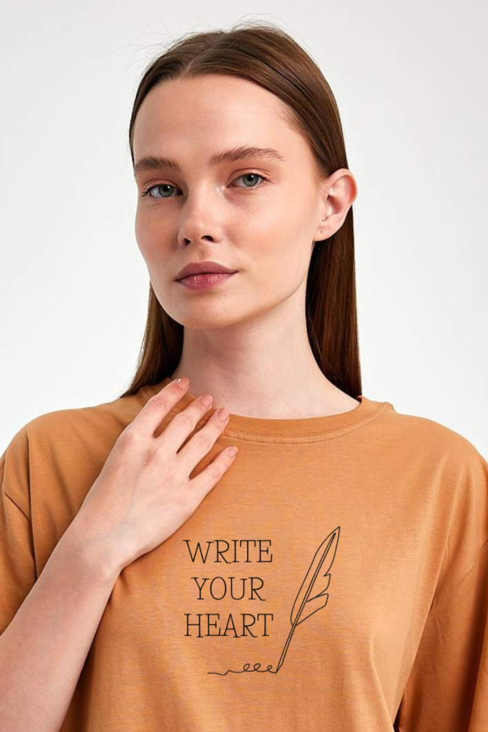 FİHA/2512-UNISEX OVERSIZE BASKILI SIFIR YAKA TSHIRT - MACCHİATO