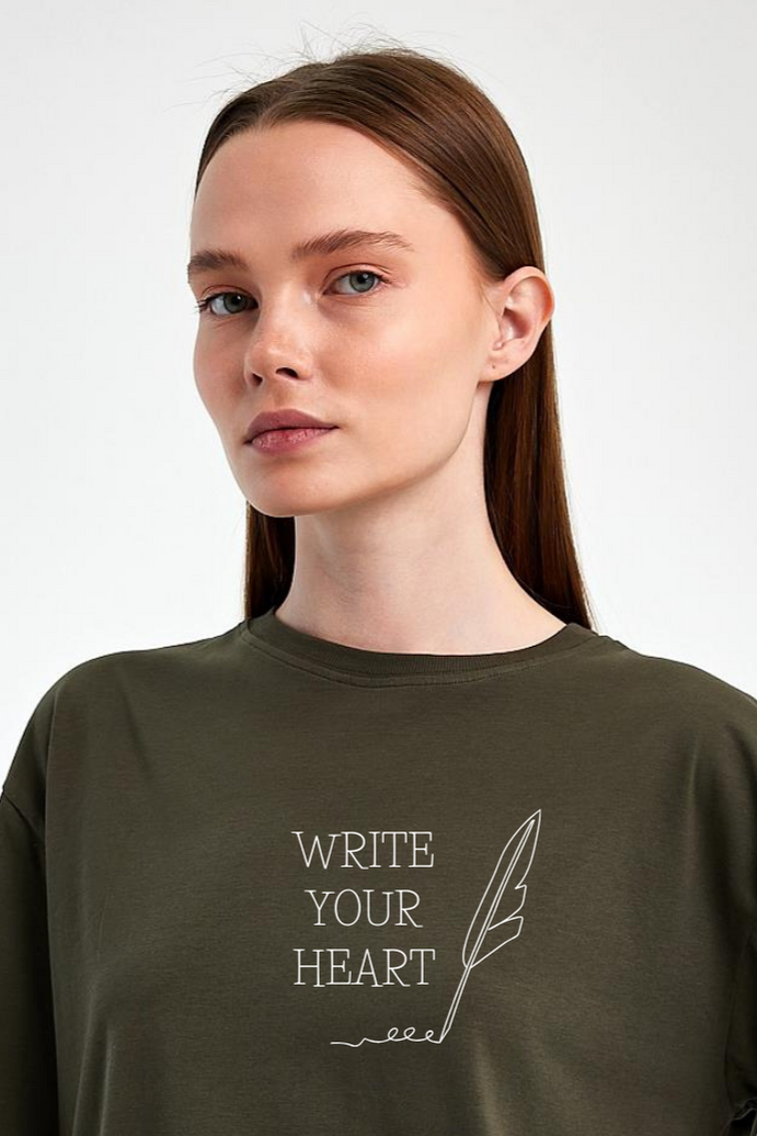 FİHA/2512-UNISEX OVERSIZE BASKILI SIFIR YAKA TSHIRT - HAKİ