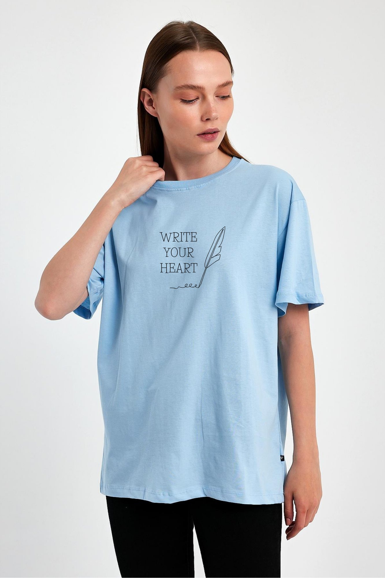 FİHA/2512-UNISEX OVERSIZE BASKILI SIFIR YAKA TSHIRT - AİRY BLUE