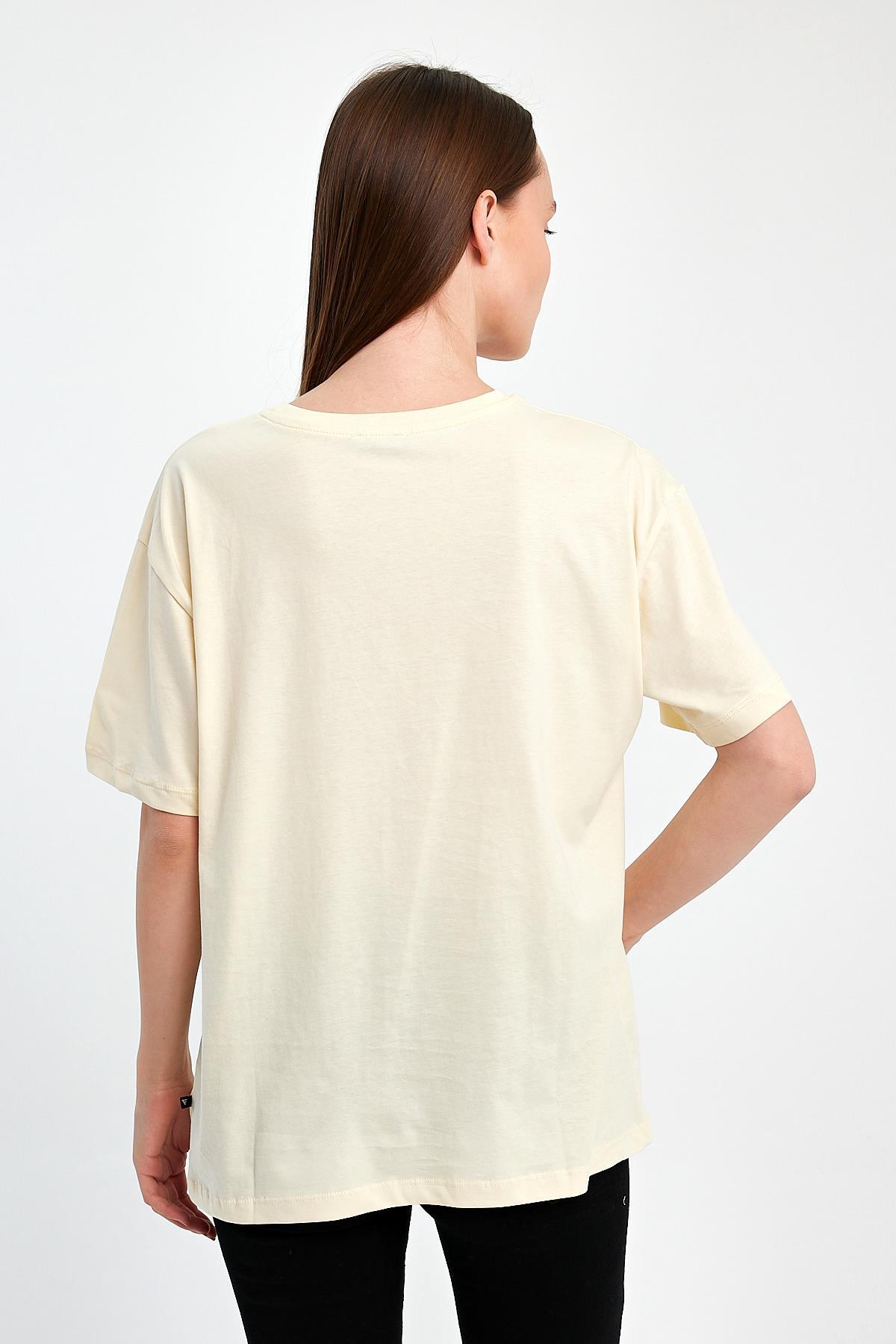 FİHA/2512-UNISEX OVERSIZE BASKILI SIFIR YAKA TSHIRT - EKRU