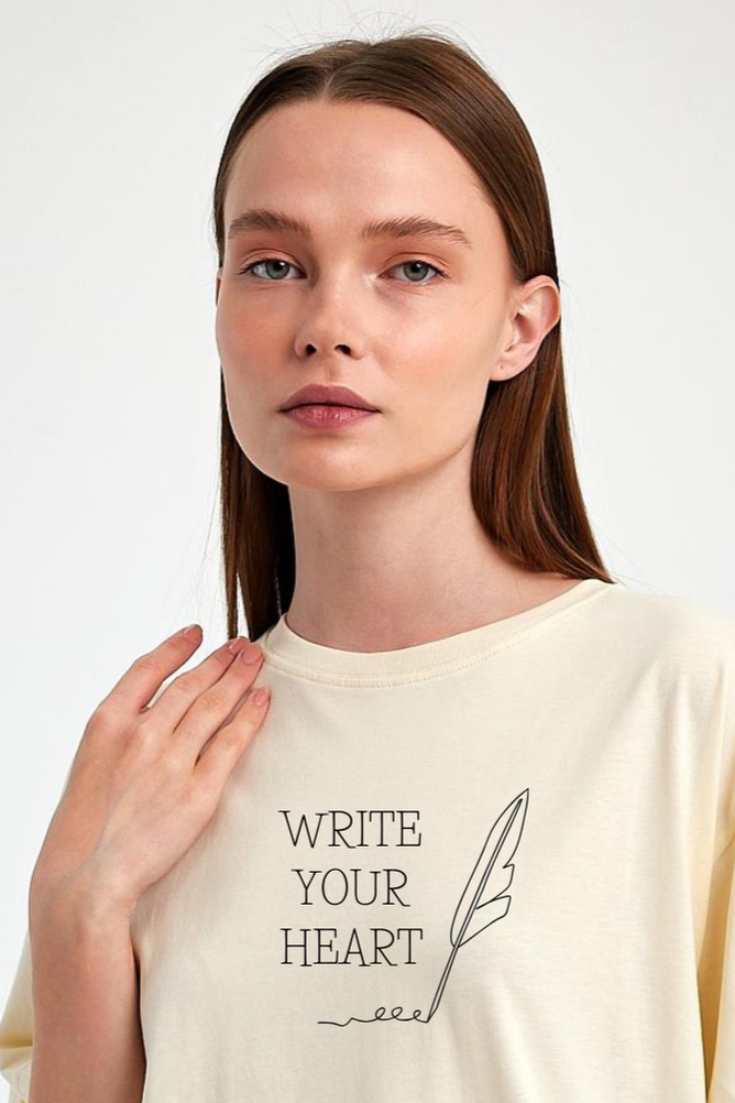 FİHA/2512-UNISEX OVERSIZE BASKILI SIFIR YAKA TSHIRT - EKRU