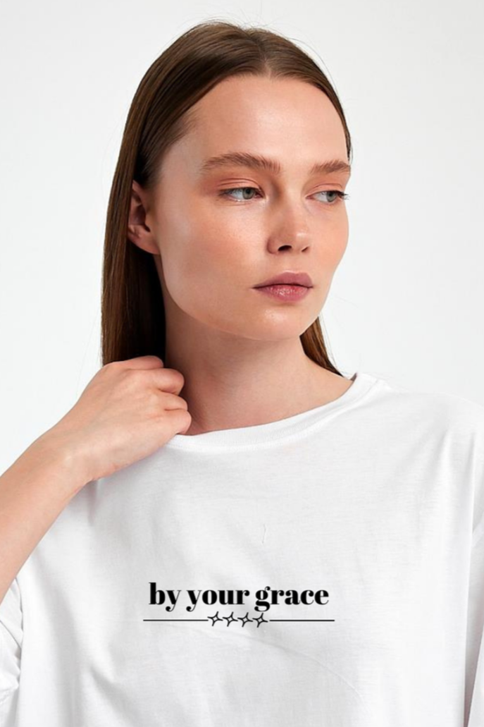 FİHA/2513-UNISEX OVERSIZE BASKILI SIFIR YAKA TSHIRT - BEYAZ