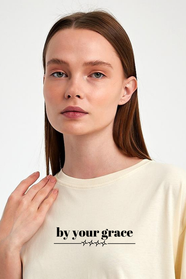 FİHA/2513-UNISEX OVERSIZE BASKILI SIFIR YAKA TSHIRT - EKRU