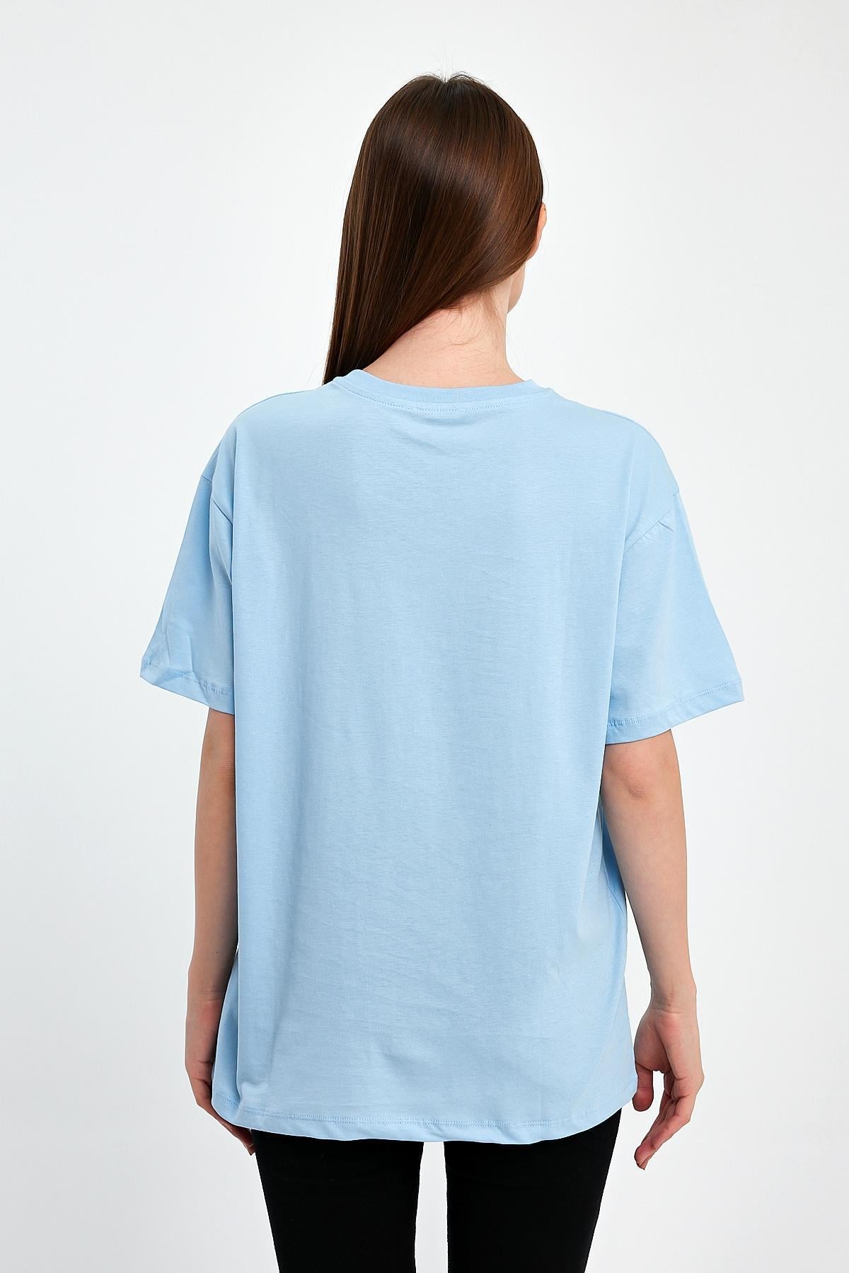 FİHA/2513-UNISEX OVERSIZE BASKILI SIFIR YAKA TSHIRT - AİRY BLUE