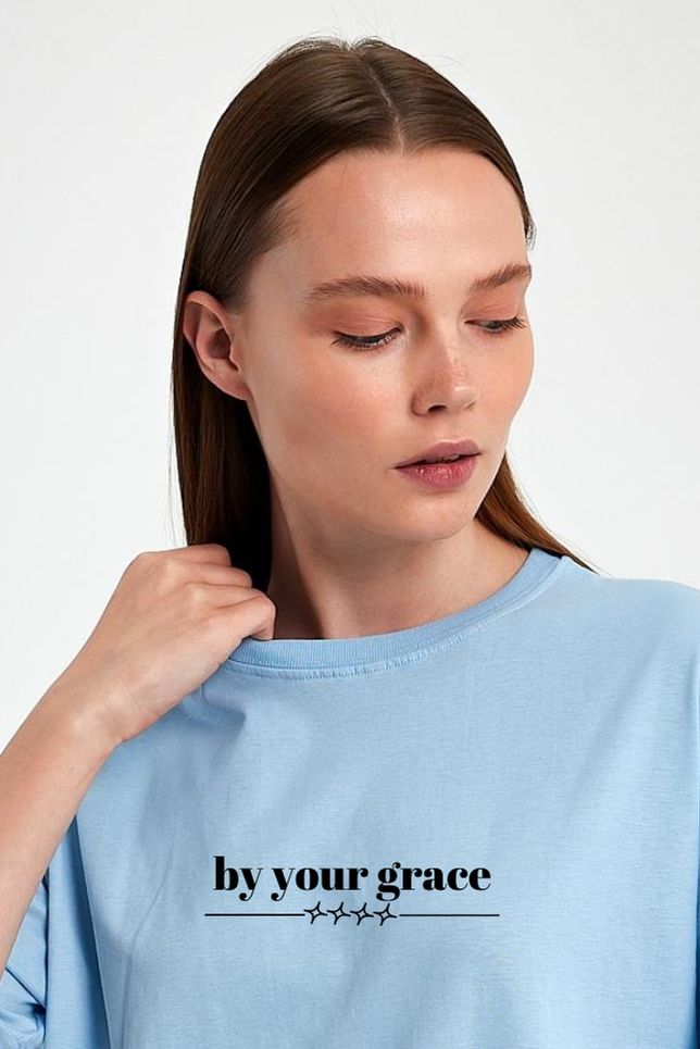 FİHA/2513-UNISEX OVERSIZE BASKILI SIFIR YAKA TSHIRT - AİRY BLUE