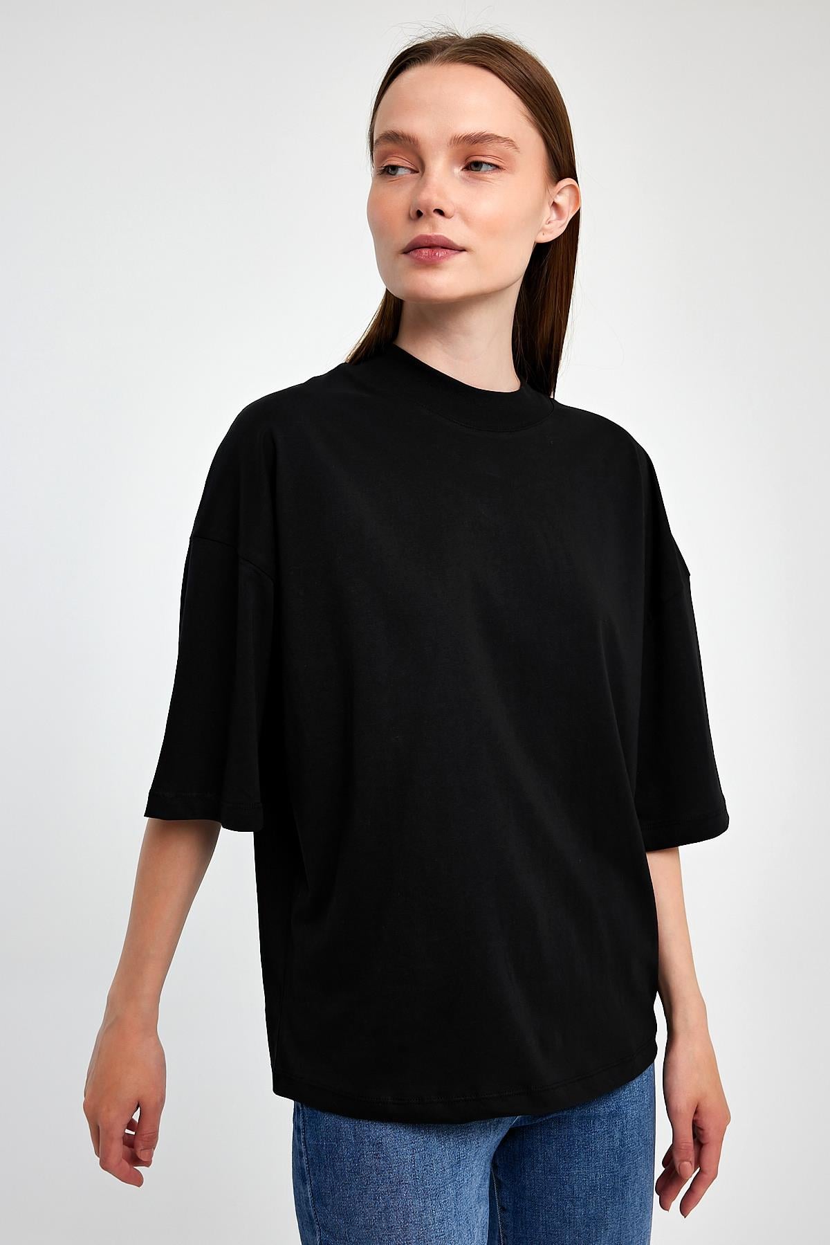 FİHA/3012-KADIN YARIM BALIKCI YAKA KISA KOL T-SHIRT - SİYAH