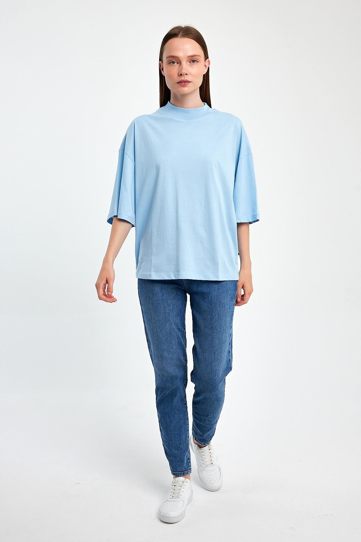 FİHA/3012-KADIN YARIM BALIKCI YAKA KISA KOL T-SHIRT - AİRY BLUE