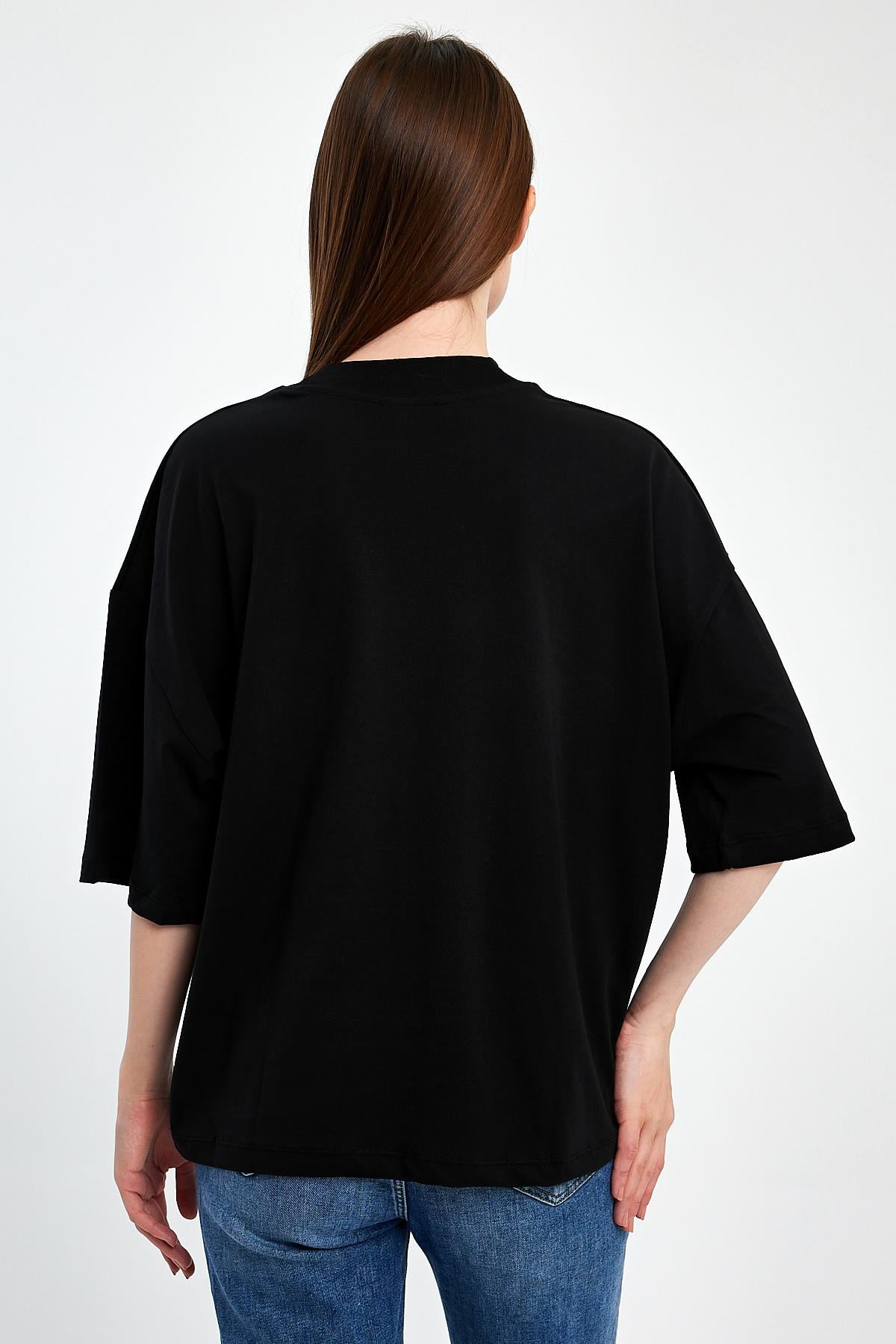 FİHA/3012-KADIN YARIM BALIKCI YAKA KISA KOL T-SHIRT - SİYAH