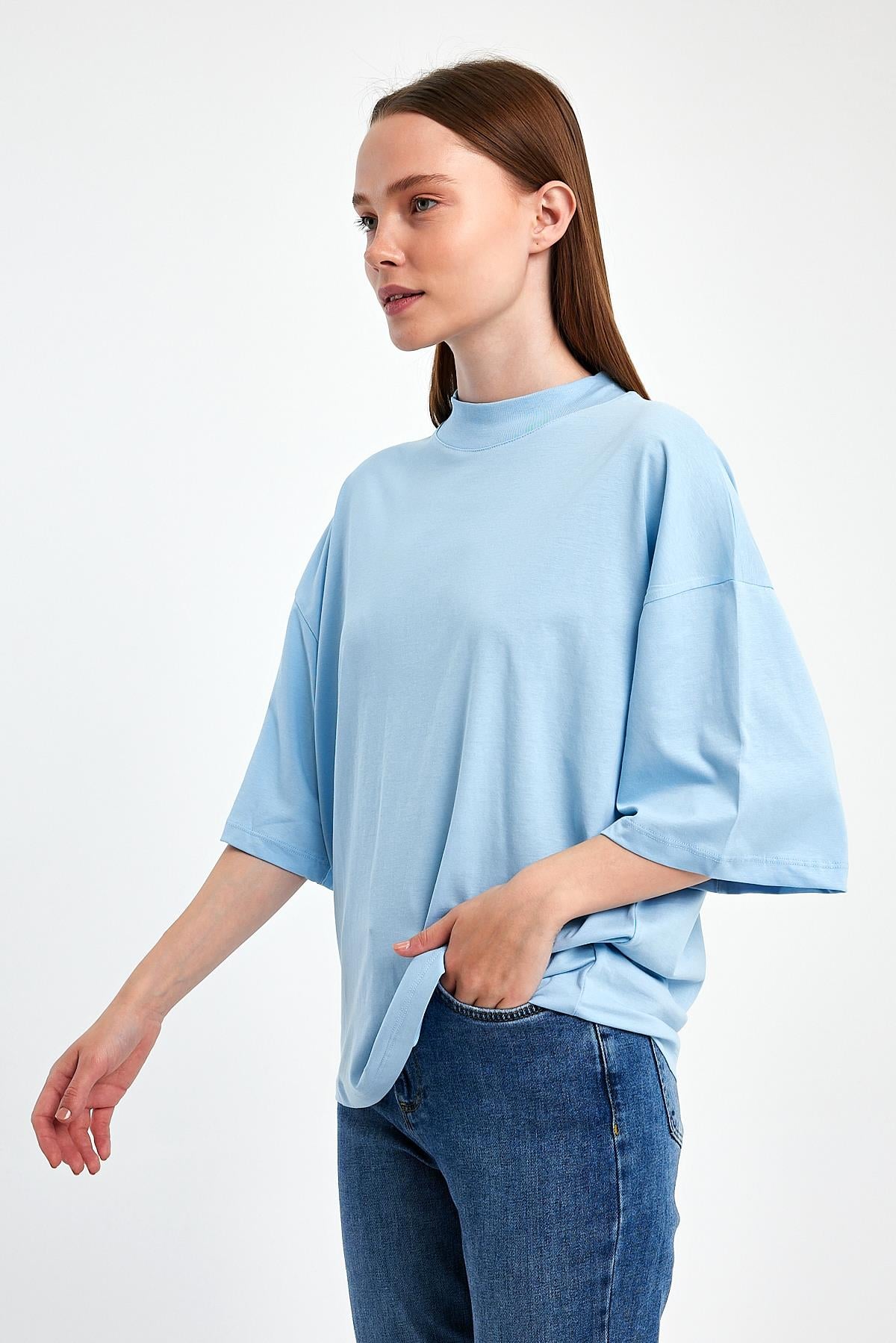 FİHA/3012-KADIN YARIM BALIKCI YAKA KISA KOL T-SHIRT - AİRY BLUE