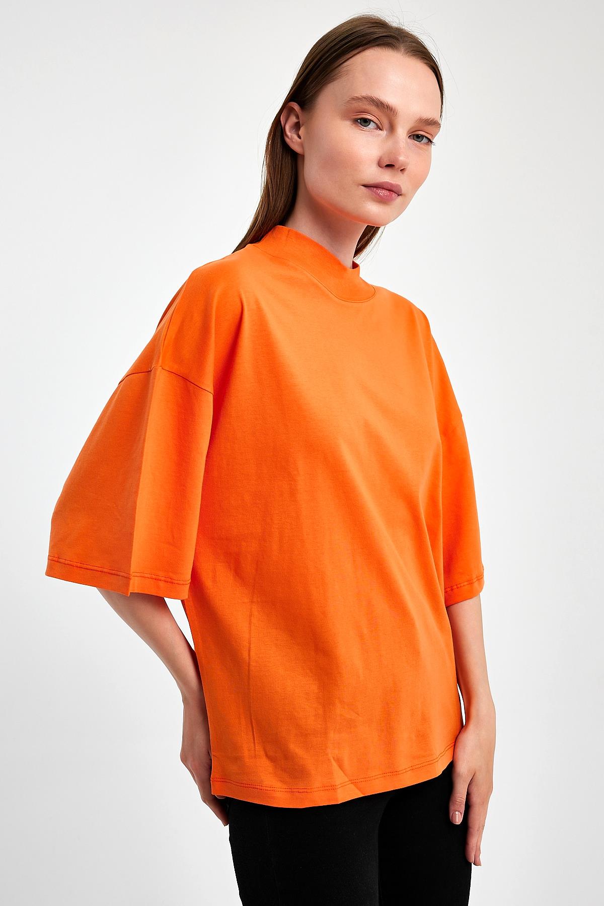 FİHA/3012-KADIN YARIM BALIKCI YAKA KISA KOL T-SHIRT - ORANJ