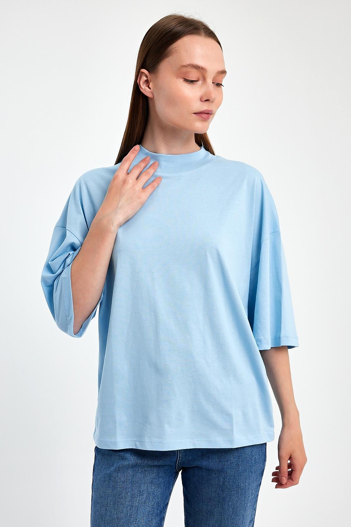 FİHA/3012-KADIN YARIM BALIKCI YAKA KISA KOL T-SHIRT - AİRY BLUE