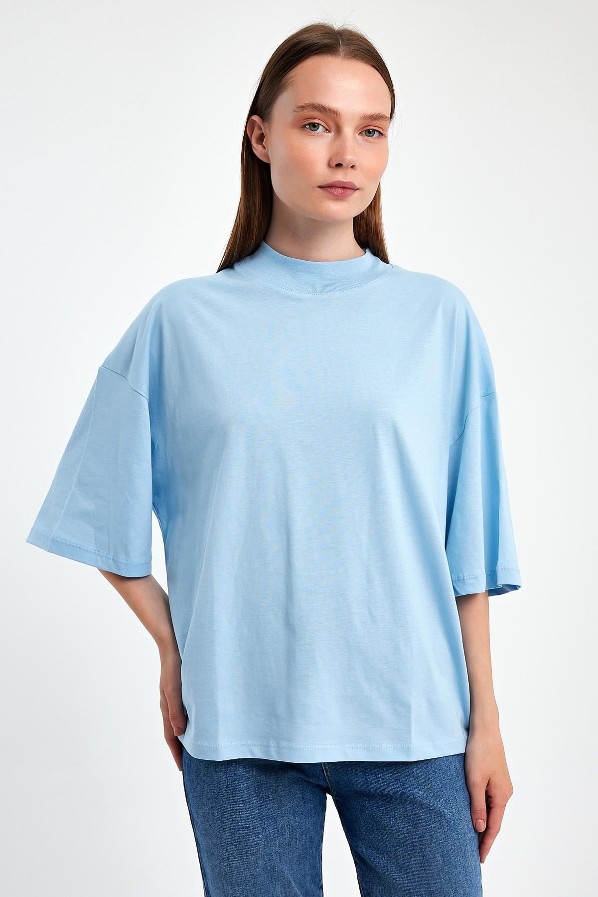 FİHA/3012-KADIN YARIM BALIKCI YAKA KISA KOL T-SHIRT - AİRY BLUE