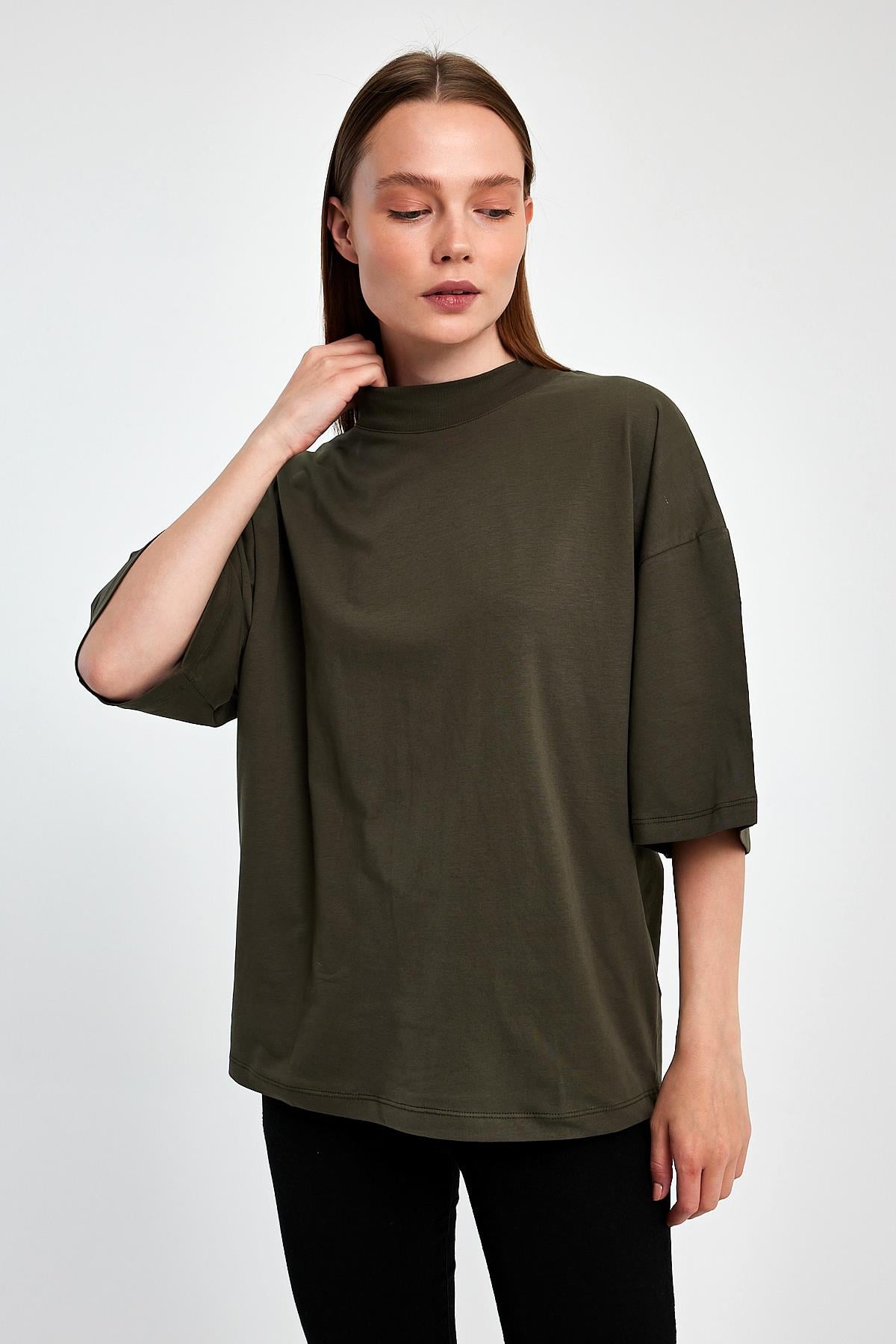 FİHA/3012-KADIN YARIM BALIKCI YAKA KISA KOL T-SHIRT - HAKİ