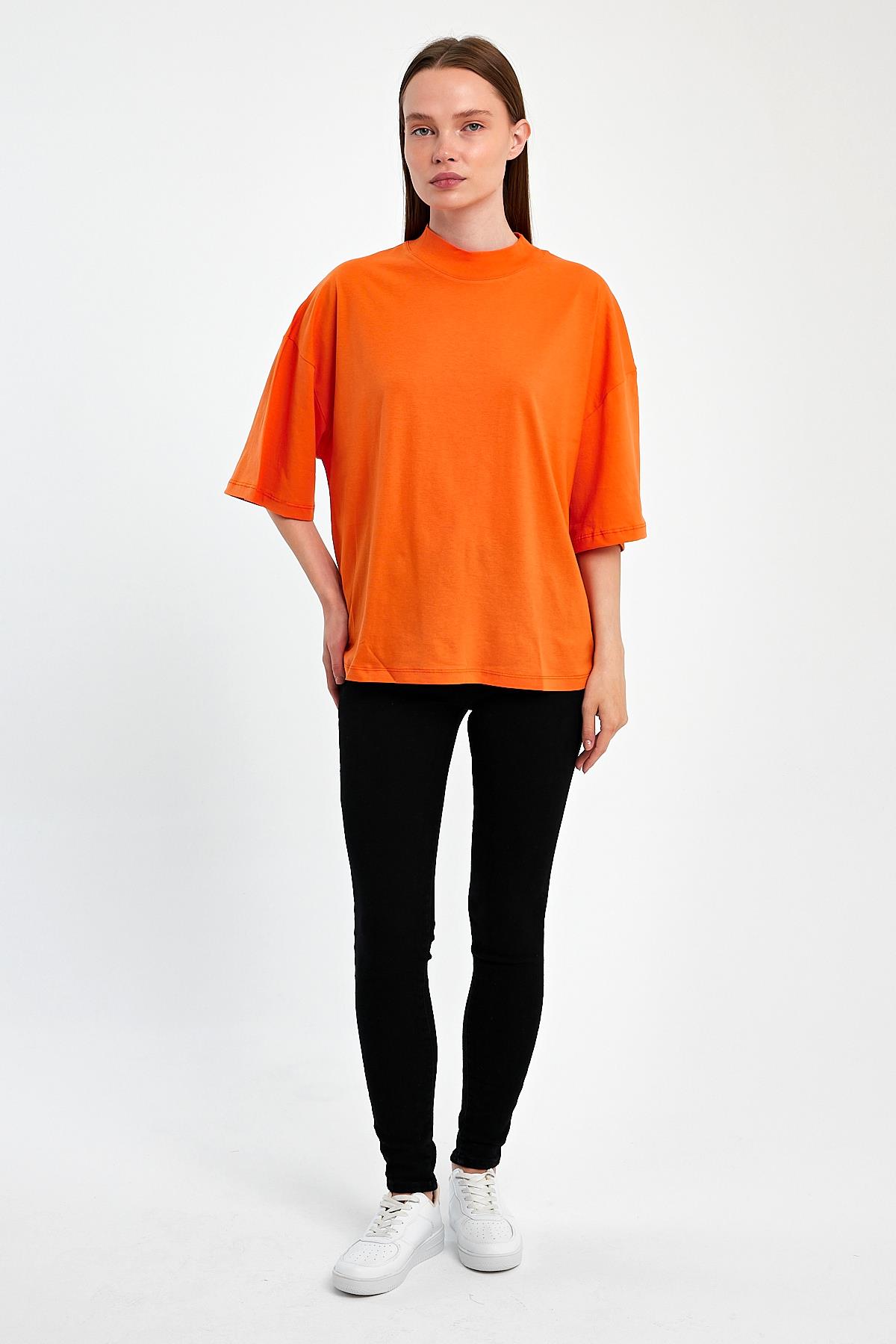 FİHA/3012-KADIN YARIM BALIKCI YAKA KISA KOL T-SHIRT - ORANJ