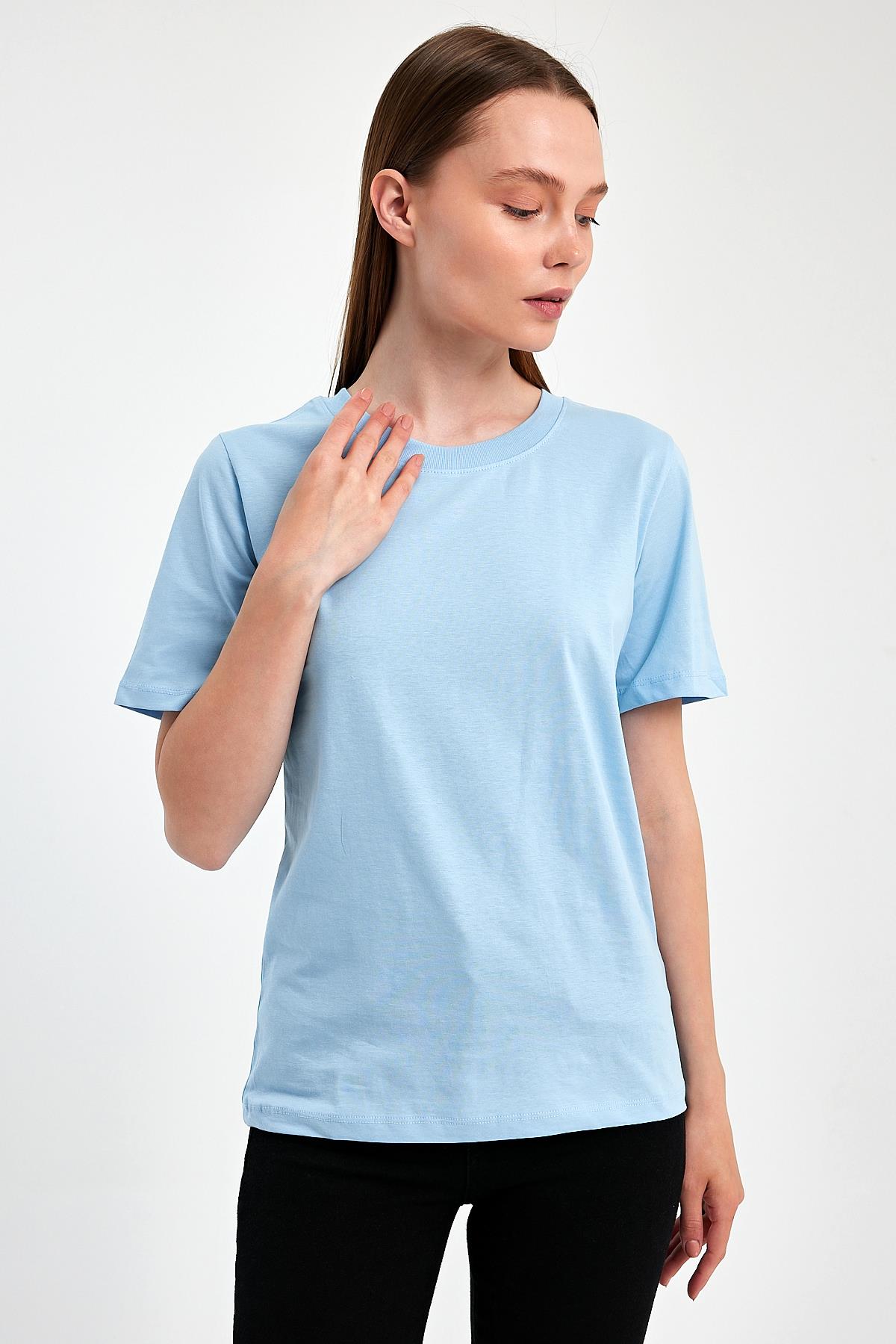 FİHA/3015-KADIN SIFIR YAKA T-SHIRT - AİRY BLUE