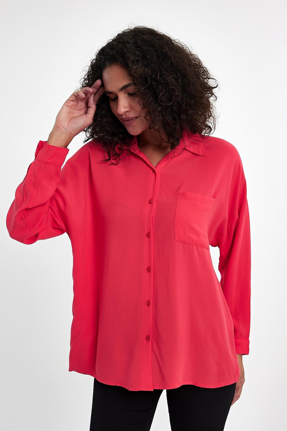 FİHA/3040-KADIN OVERSIZE POPLİN GÖMLEK - MERCAN