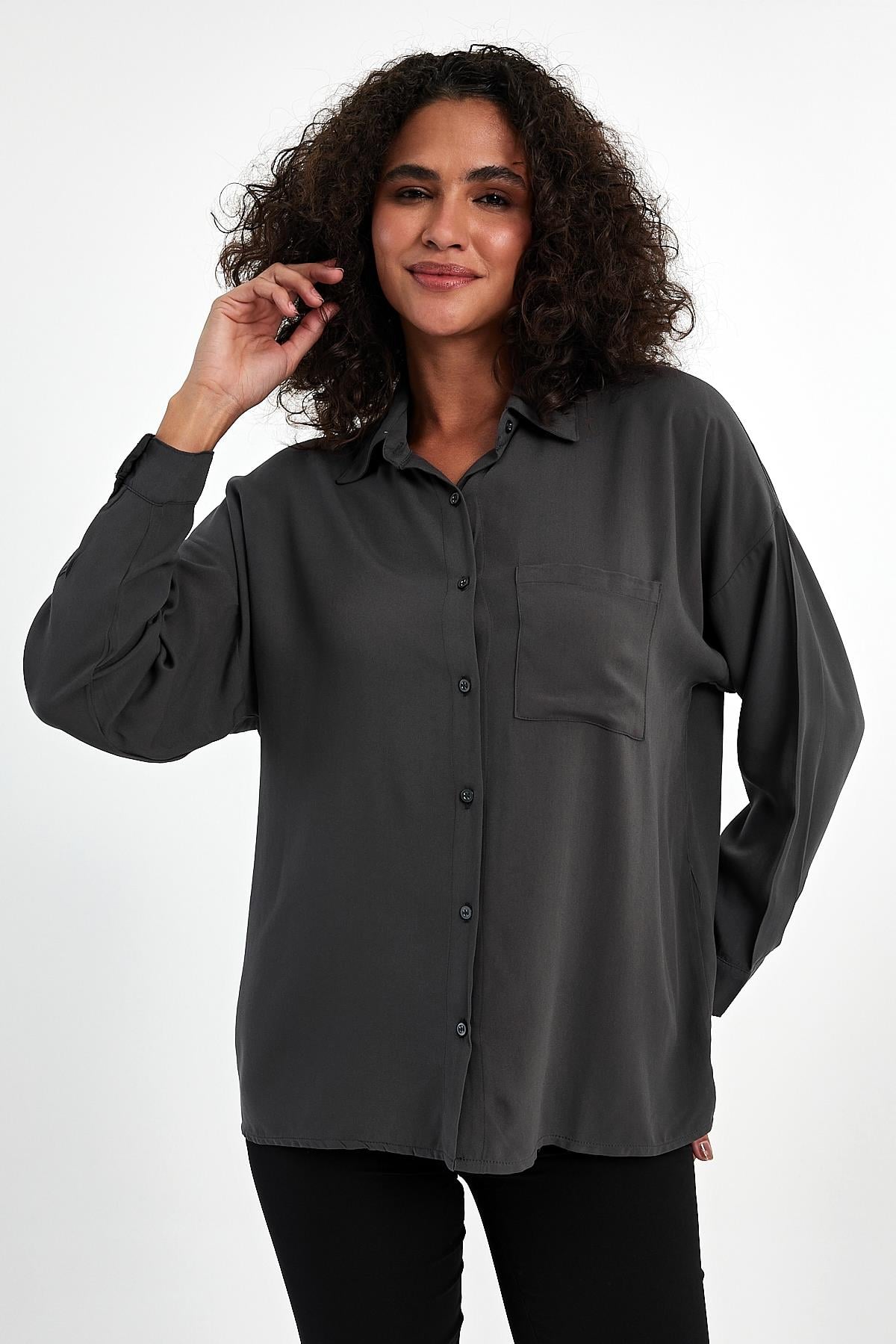 FİHA/3040-KADIN OVERSIZE POPLİN GÖMLEK - ANTRASİT