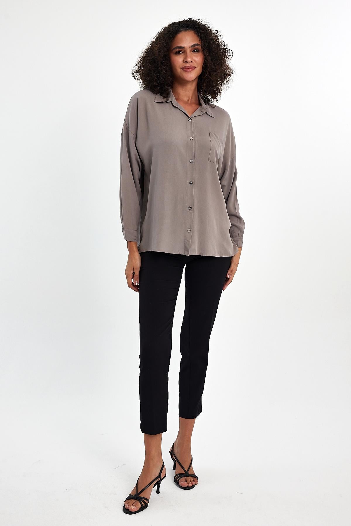FİHA/3040-KADIN OVERSIZE POPLİN GÖMLEK - TAŞ