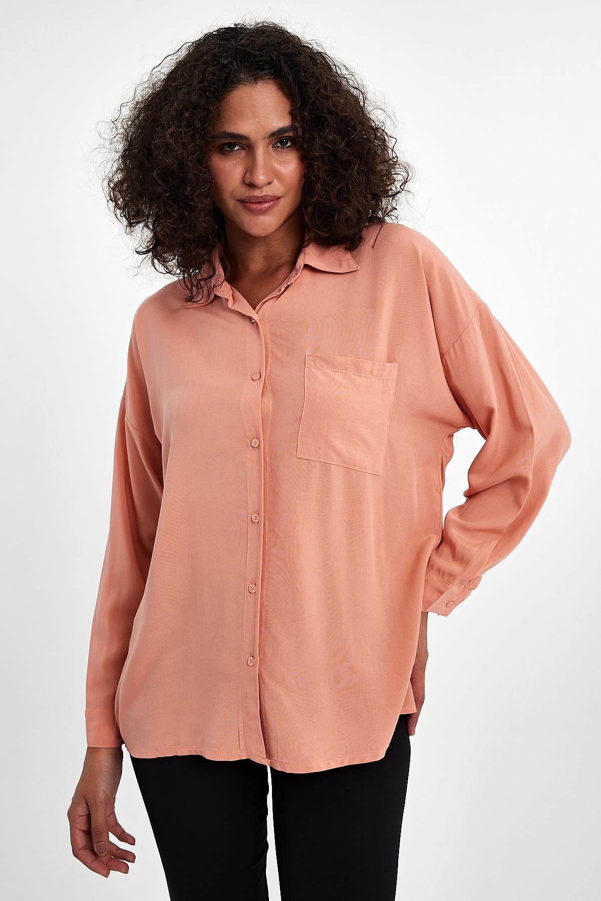 FİHA/3040-KADIN OVERSIZE POPLİN GÖMLEK - PUDRA