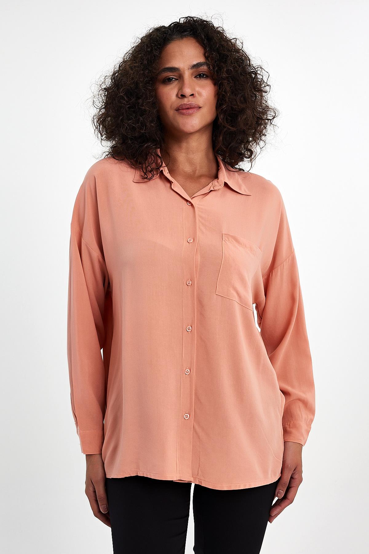 FİHA/3040-KADIN OVERSIZE POPLİN GÖMLEK - PUDRA
